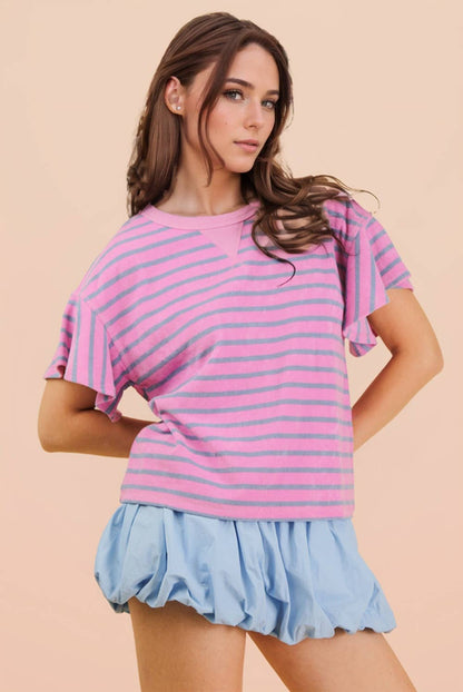 NT12476-Oversized Ruffle Sleeve Casual Stripe Knit Top