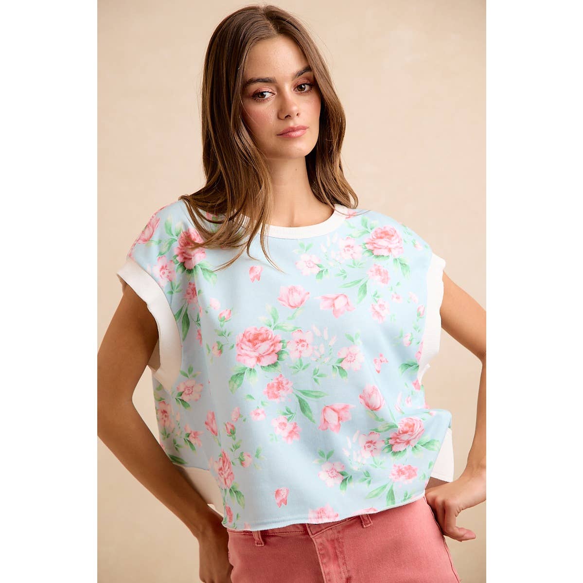 FLORAL PRINTED TERRY OPEN BACK SLEEVELESS TOP