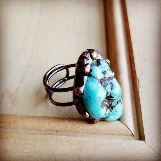 Blue Turquoise Ring set in Antique Copper