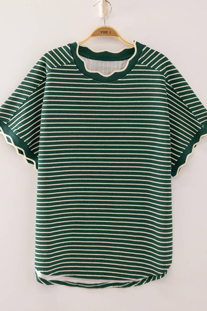 Scallop Trim Stripe Knit Top