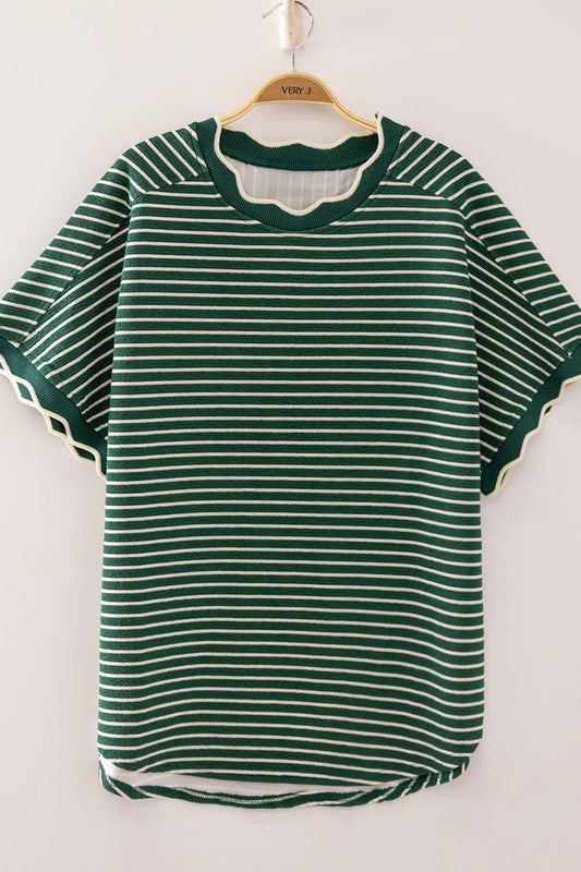 Scallop Trim Stripe Knit Top