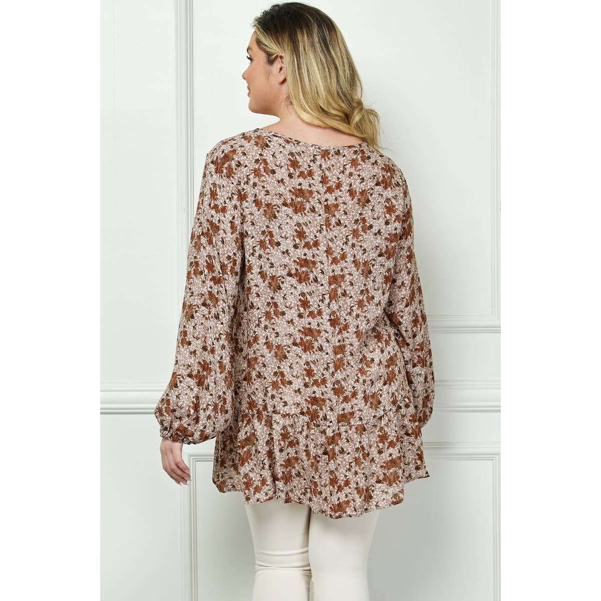 Plus Size Floral Peplum Puff Sleeve Top