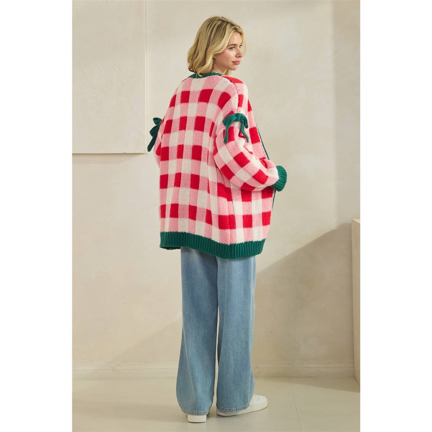 Checkered Cardigan with Ribbon Details
