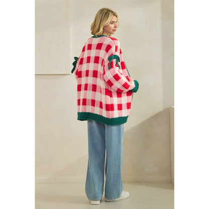 Checkered Cardigan with Ribbon Details