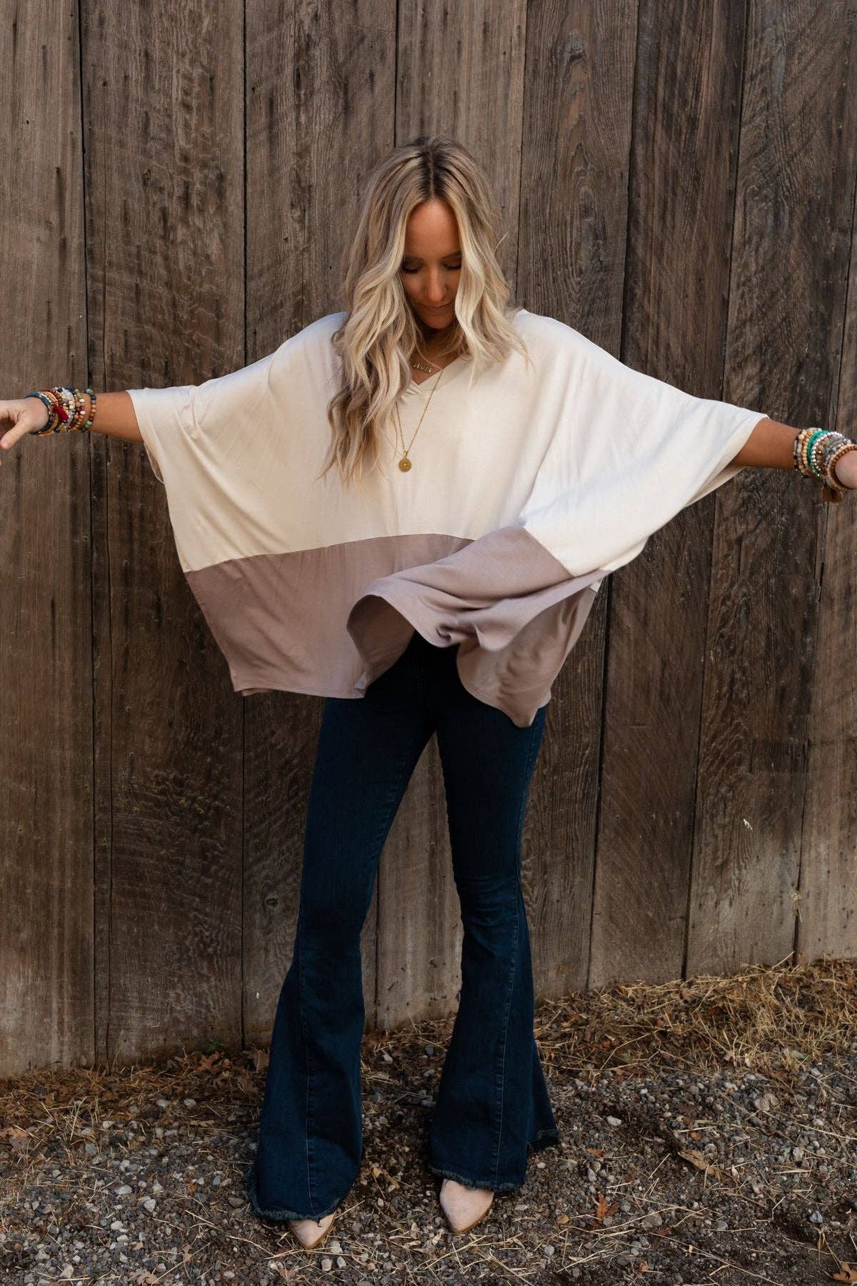 Oversized Coffee Sunsets V Neck Top - Brown