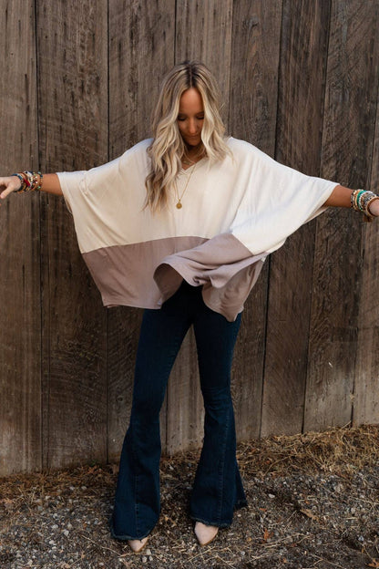 Oversized Coffee Sunsets V Neck Top - Brown