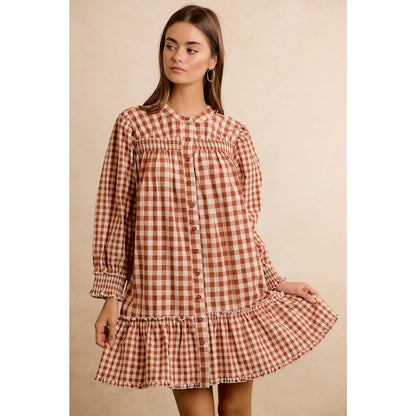 GINGHAM SMOCKED RUFFLE HEM MINI DRESS