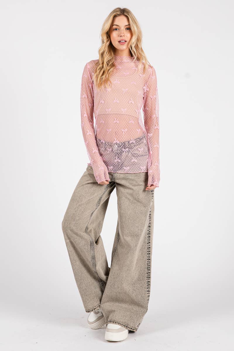 BOW PRINT LONG SLEEVE LACE TOP