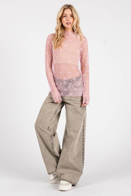 BOW PRINT LONG SLEEVE LACE TOP
