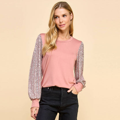 Solid Top with Sequins Detailed Sleeves - Long Sleeve