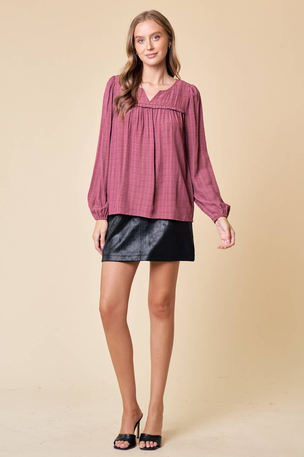 LONG SLEEVE PLAID TEXTURED BLOUSE