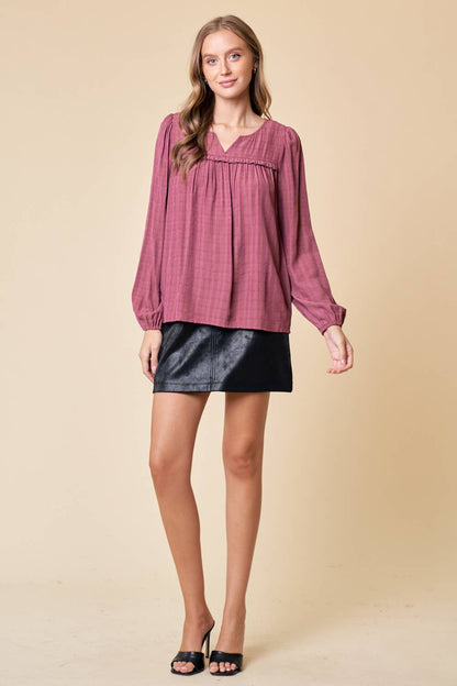 LONG SLEEVE PLAID TEXTURED BLOUSE