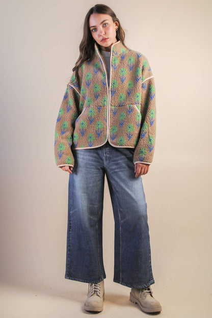 Oversized Floral Printed Fleece Sherpa Jacket