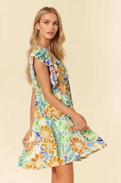 TROPICAL FLORAL PRINT DRESS WITH RUFFLE SLEEVE