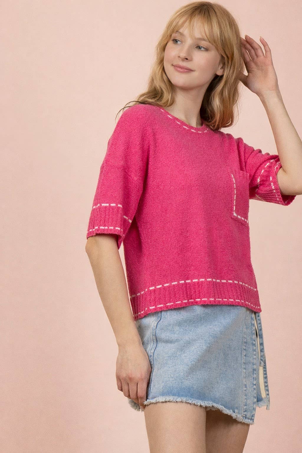 12W3636NX-PLUS SIZE Stitch Detail Knit Summer Sweater Top