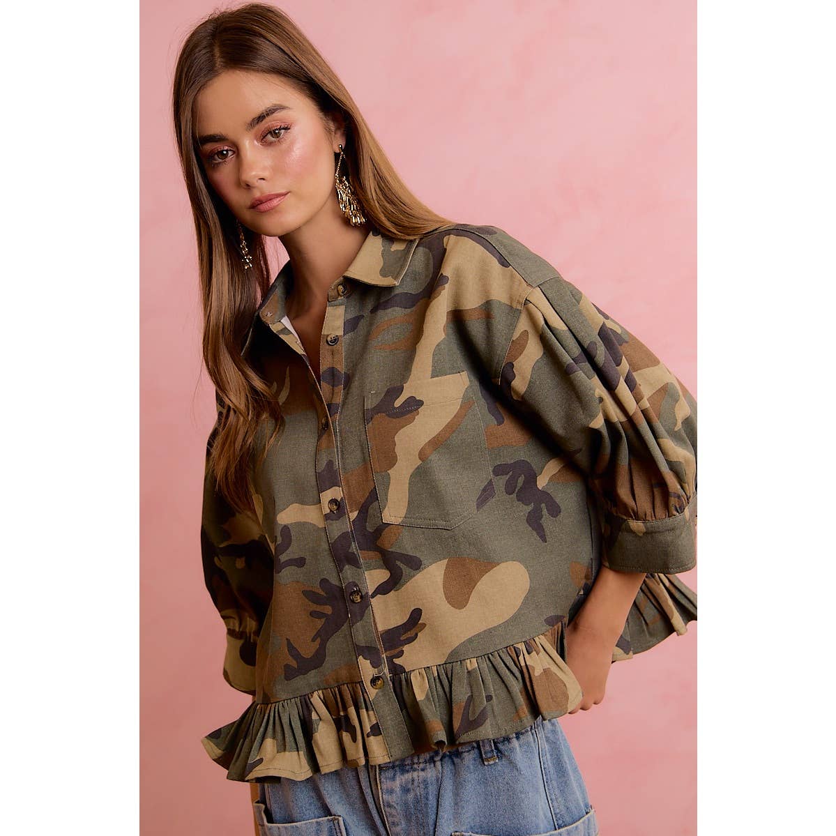 CAMO PRINTED RUFFLED HEM BUTTON DOWN BLOUSE