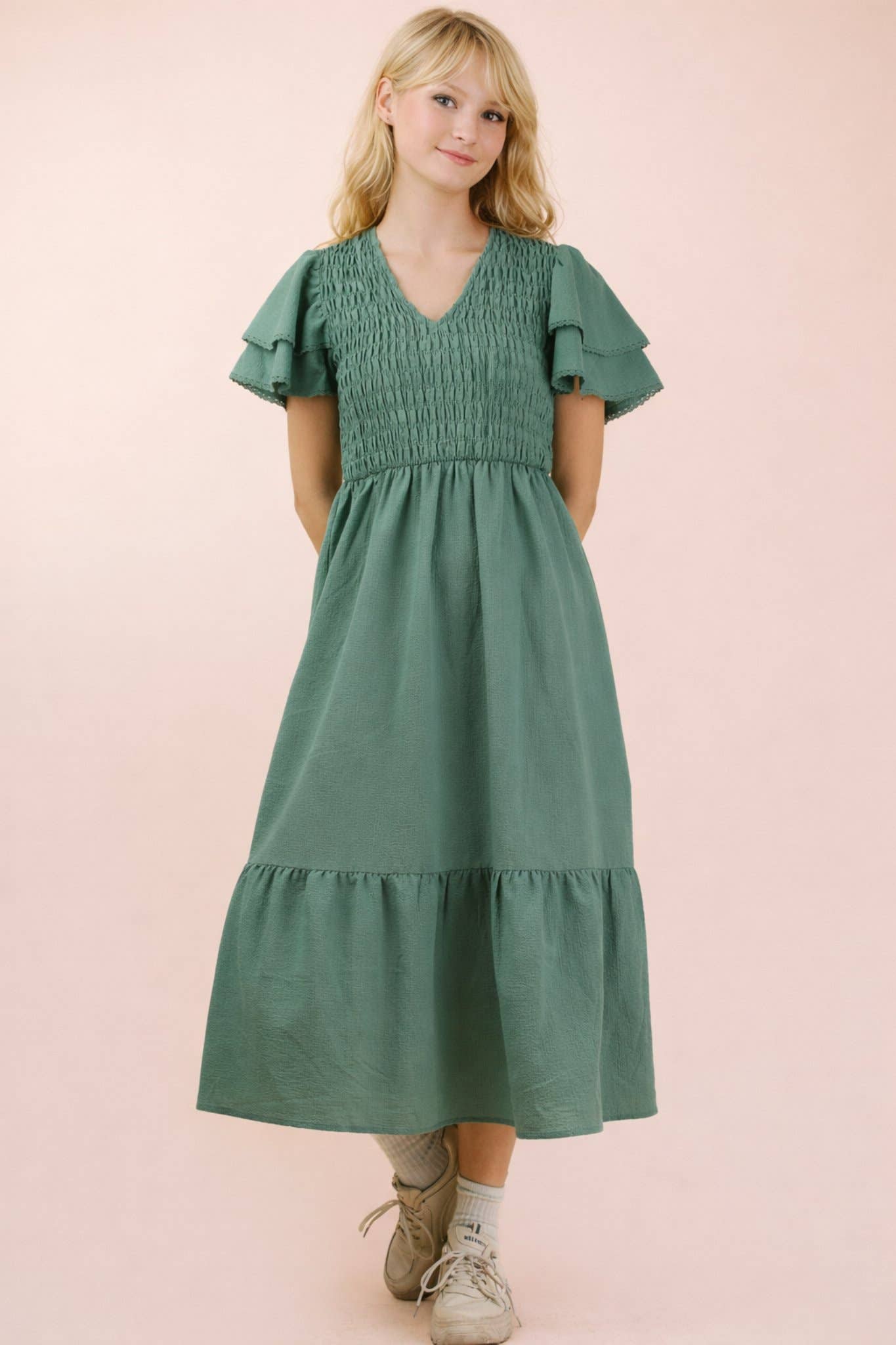 Smocking Torso Ruffle Sleeve Midi Dress