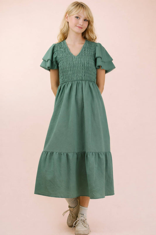 Smocking Torso Ruffle Sleeve Midi Dress