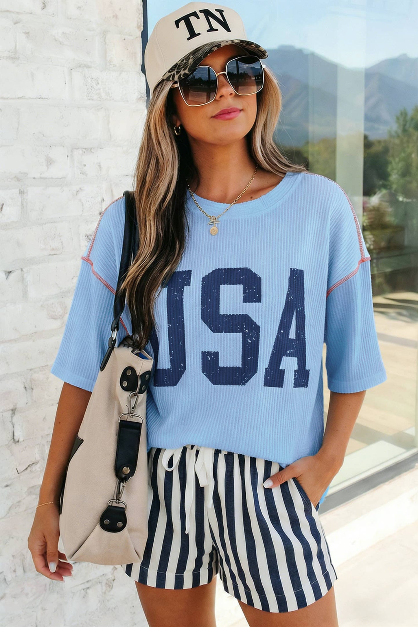 USA Graphic Half Sleeve Ribbed Top