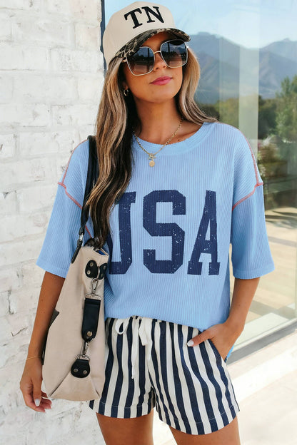 USA Graphic Half Sleeve Ribbed Top