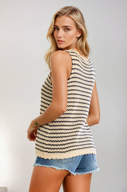 Striped Crochet Tank With Scalloped Edge