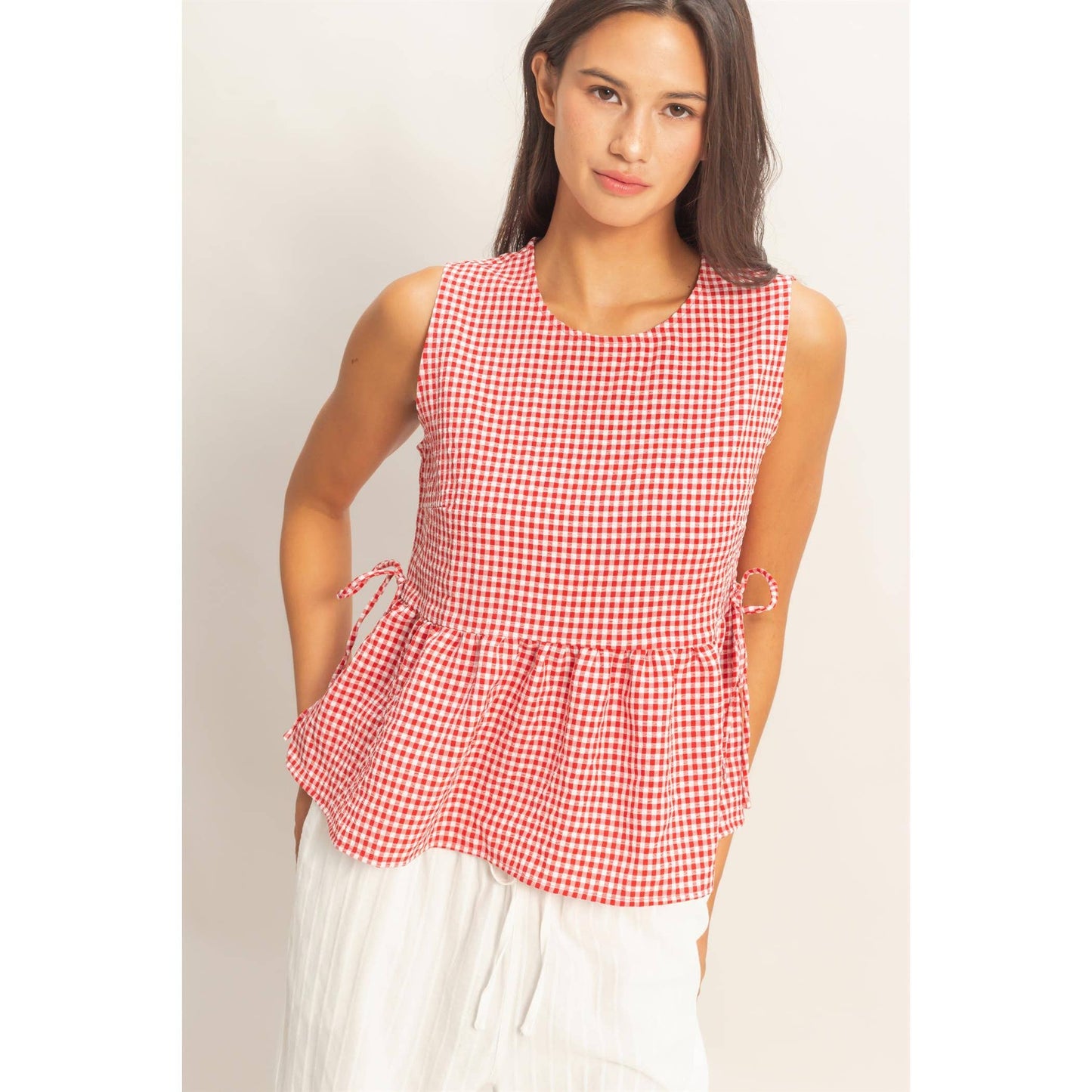 Gingham Sleeveless Peplum Top With Side Ties