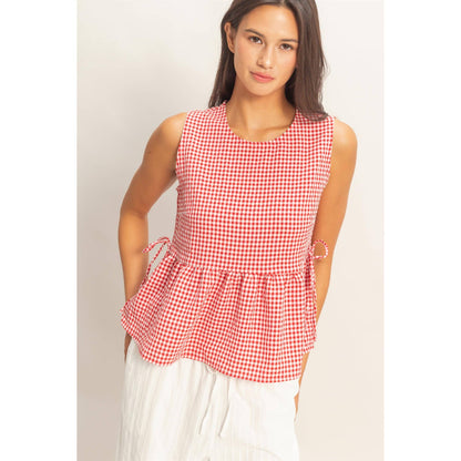 Gingham Sleeveless Peplum Top With Side Ties