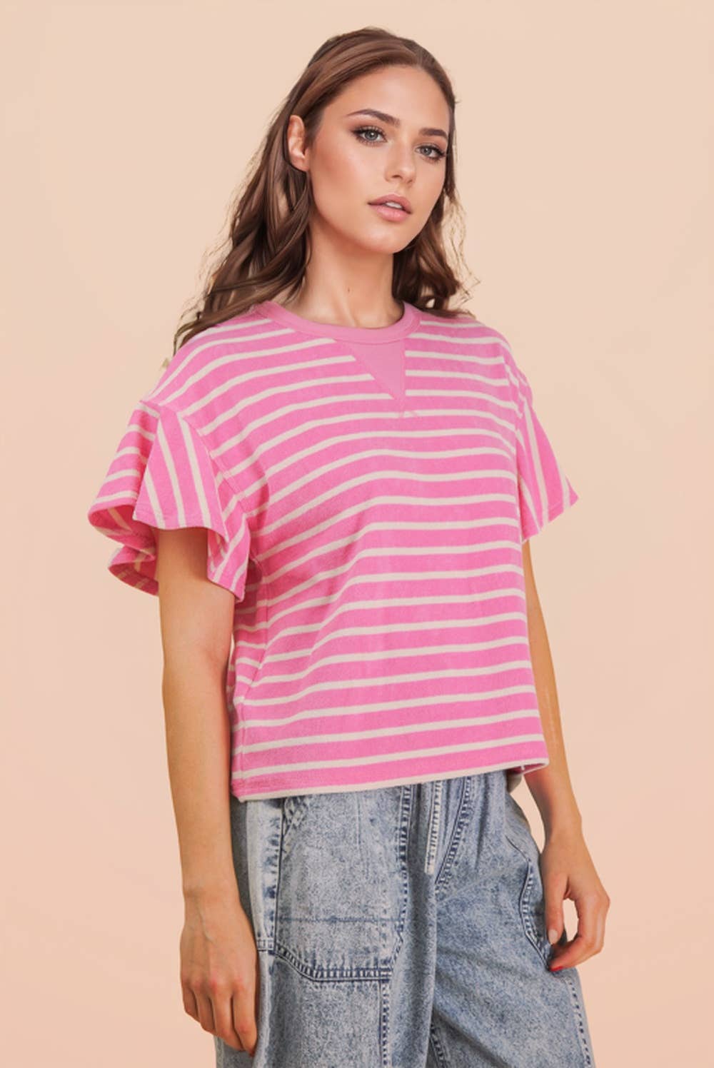 NT12476-Oversized Ruffle Sleeve Casual Stripe Knit Top