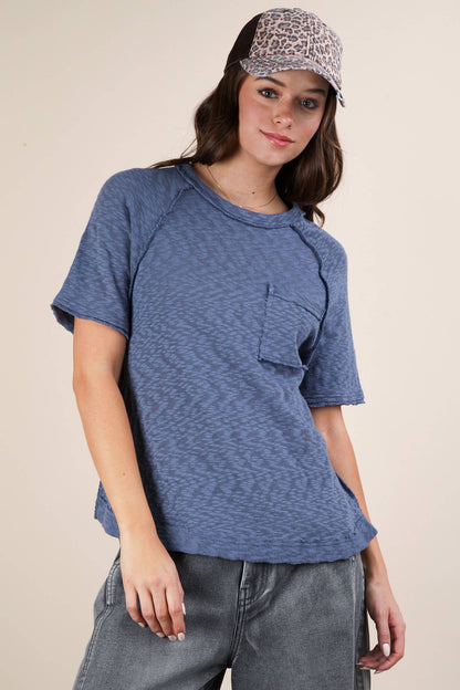 Solid Casual Knit Top with Patch Pocket