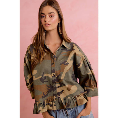 CAMO PRINTED RUFFLED HEM BUTTON DOWN BLOUSE