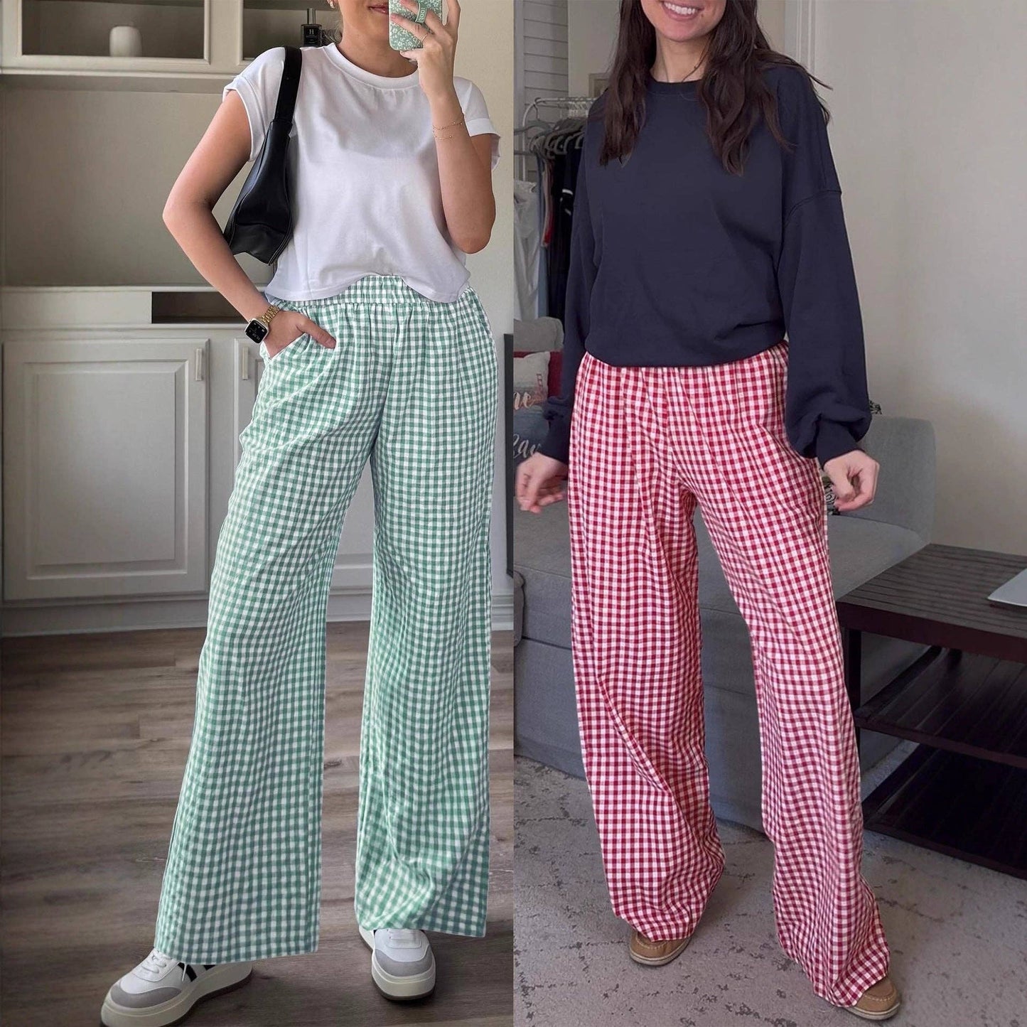 Women's Casual Plaid Elastic Waist Wide Leg Pants
