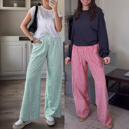 Women's Casual Plaid Elastic Waist Wide Leg Pants
