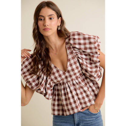 GINGHAM BUBBLE SLEEVES BACK SMOCKED BLOUSE TOP