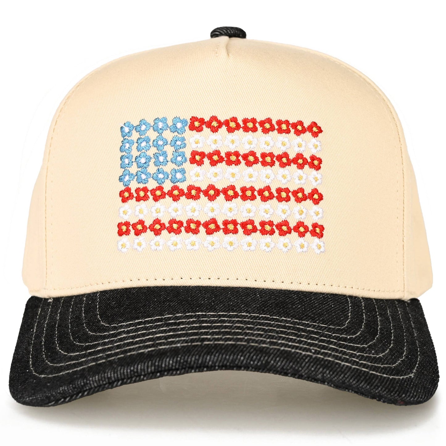 Daisy Flower Pattern USA Flag Trucker Cap