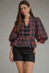 Navy Plaid Puff Sleeve Top