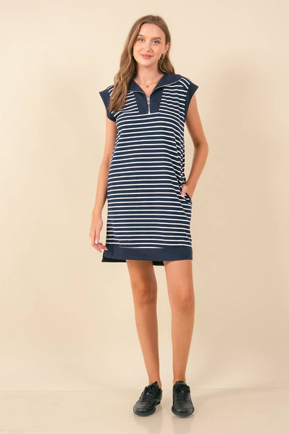 STRIPED FRENCH MINI DRESS W/ SIDE POCKETS - 27871D