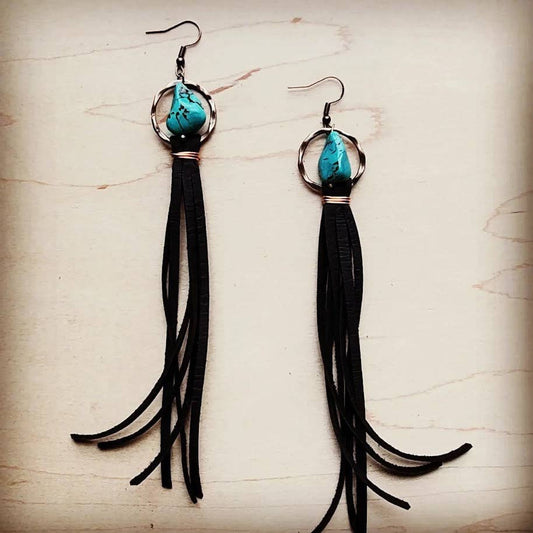 Turquoise Drop Earrings with Leather Tassel-Black