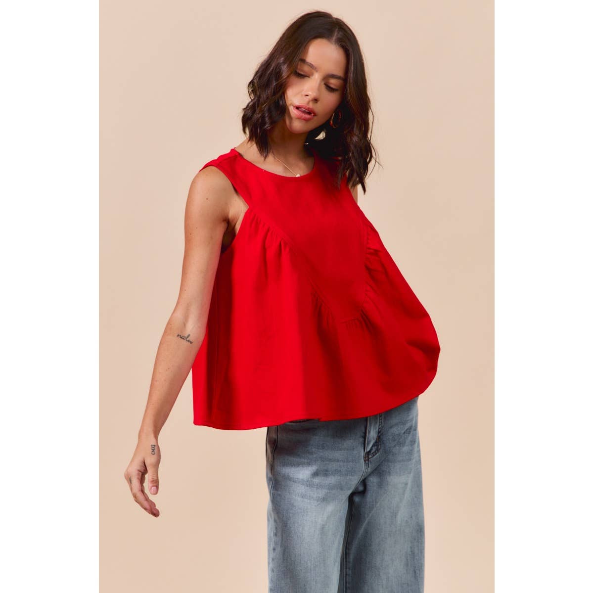 GAME DAY COLOR DENIM RUCHED SLEEVELESS TOP