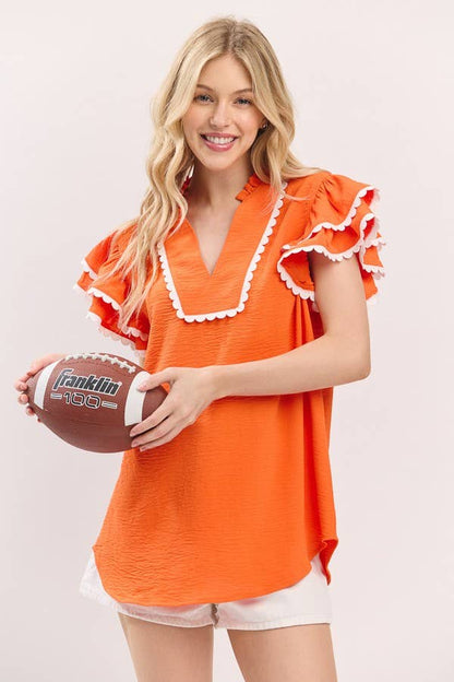 Game day Ruffle Sleeve Scallop Trim Top