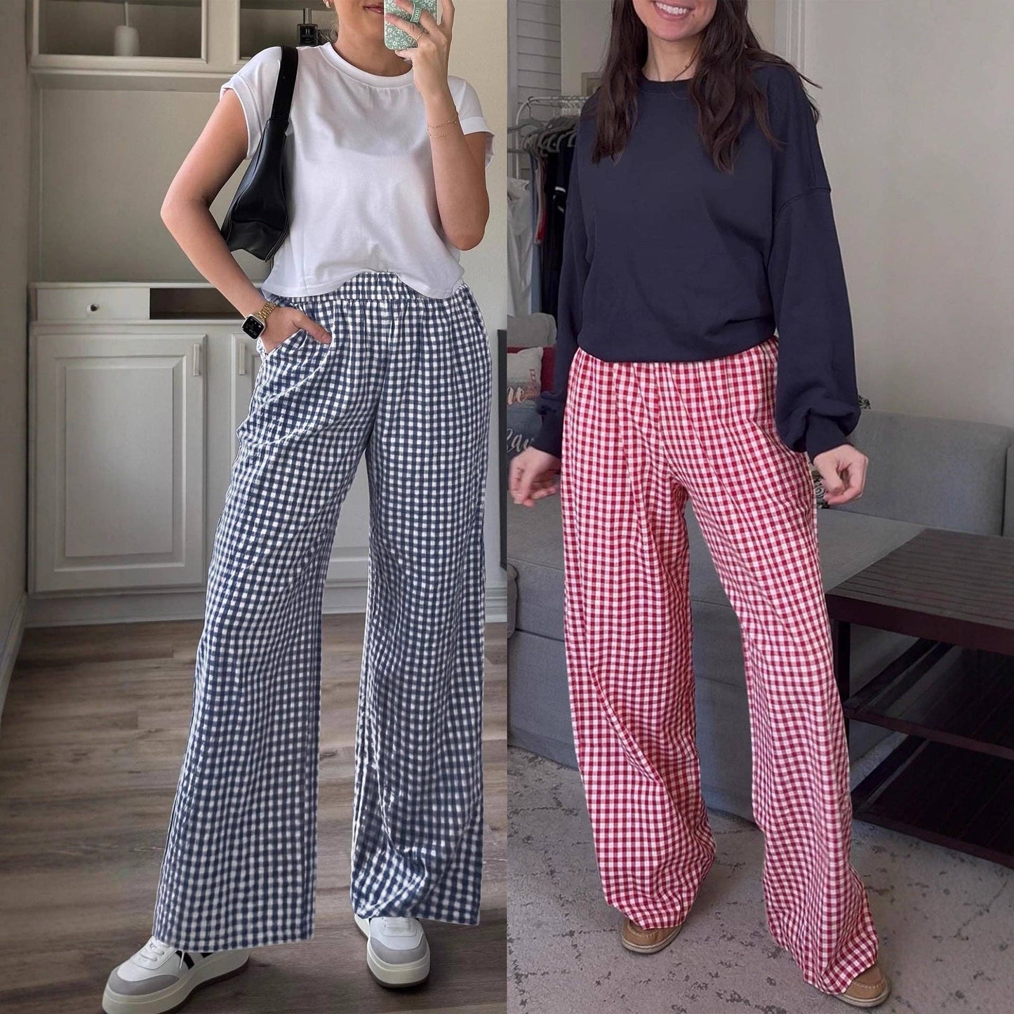 Women's Casual Plaid Elastic Waist Wide Leg Pants