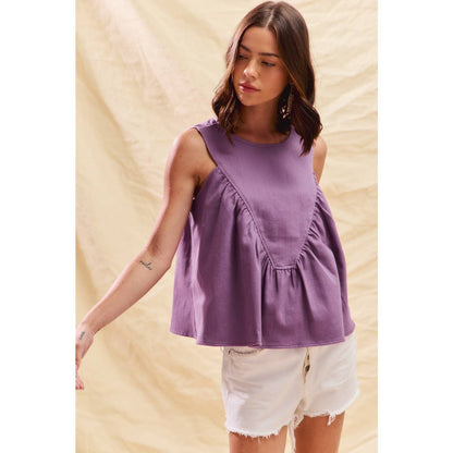 GAME DAY COLOR DENIM RUCHED SLEEVELESS TOP