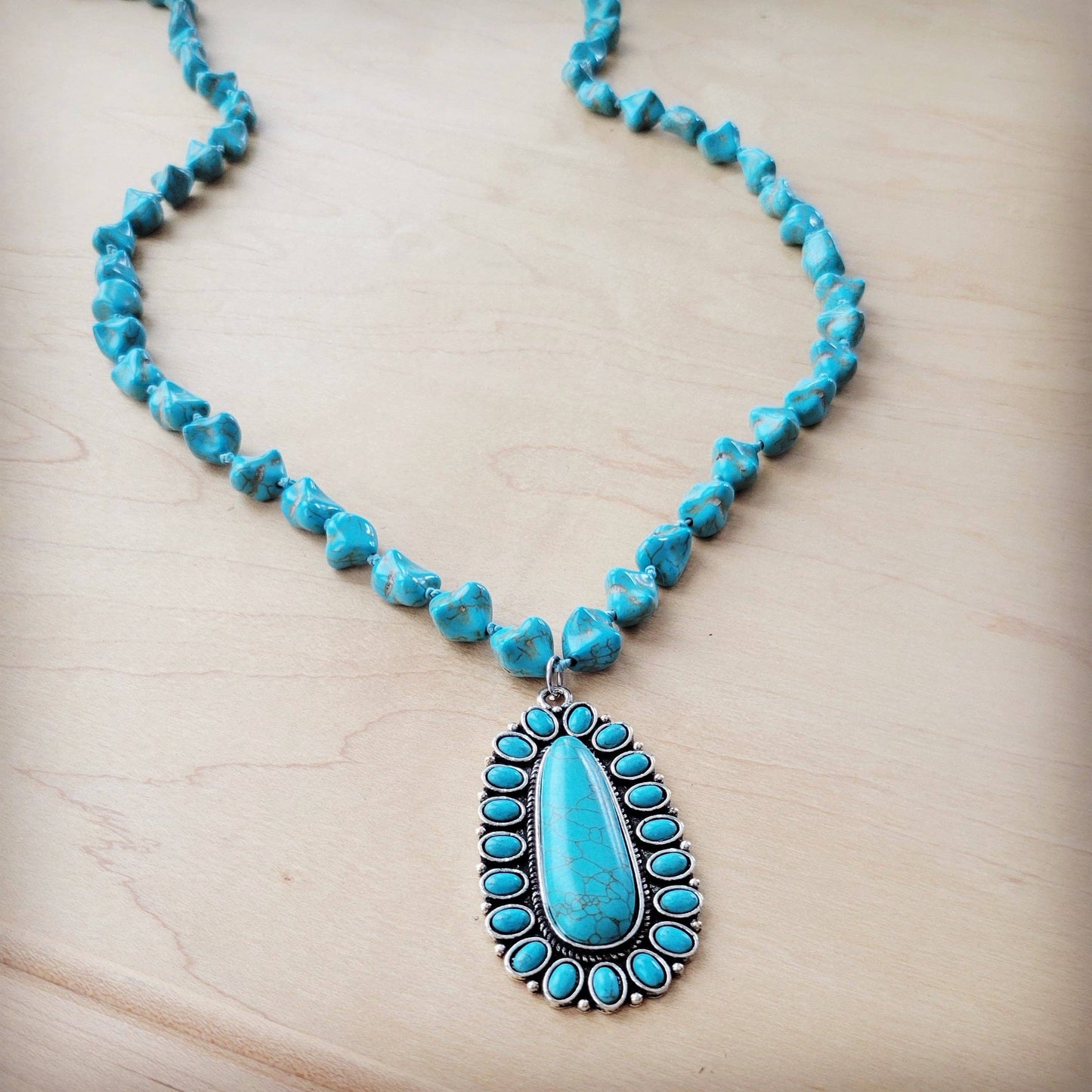 Long Western Turq Beaded Necklace w/Squash Blossom Pendant