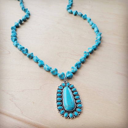 Long Western Turq Beaded Necklace w/Squash Blossom Pendant