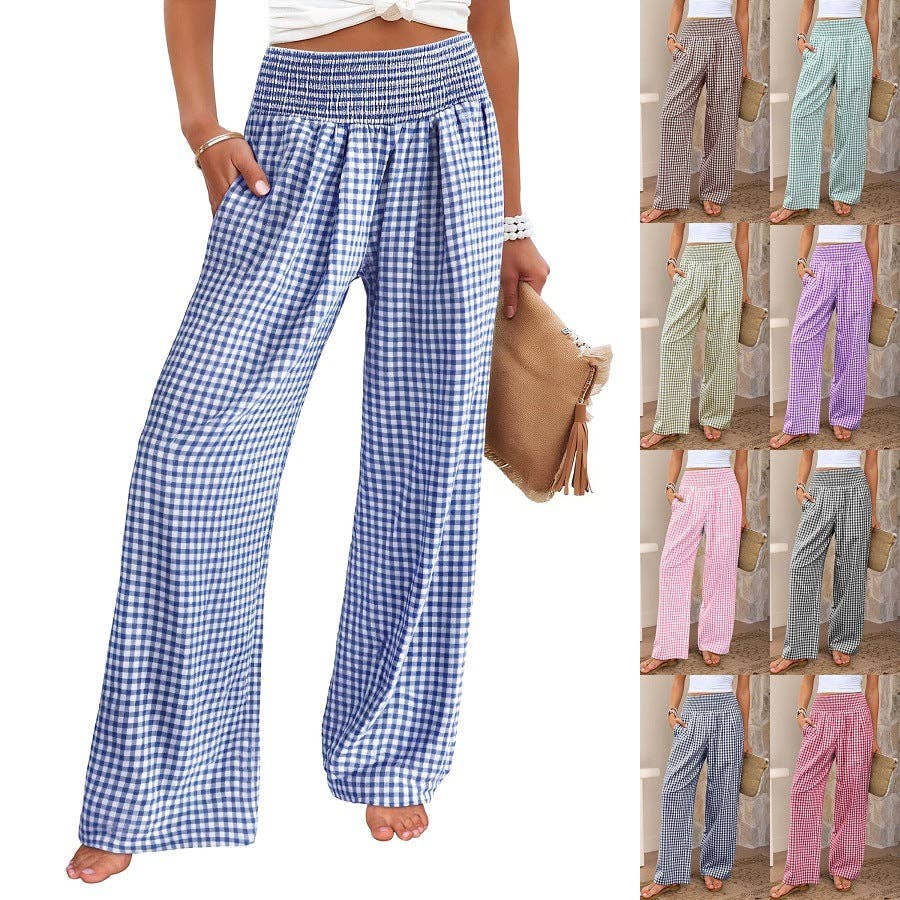 Women's Casual Plaid Elastic Waist Wide Leg Pants