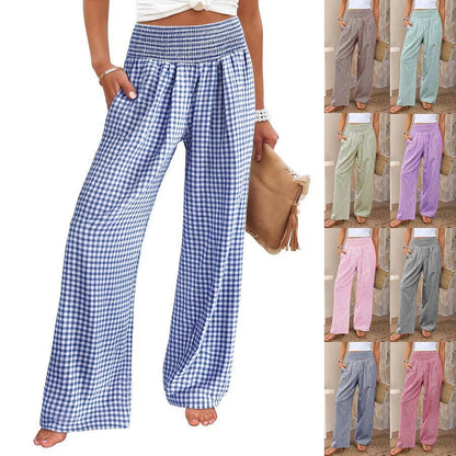 Women's Casual Plaid Elastic Waist Wide Leg Pants