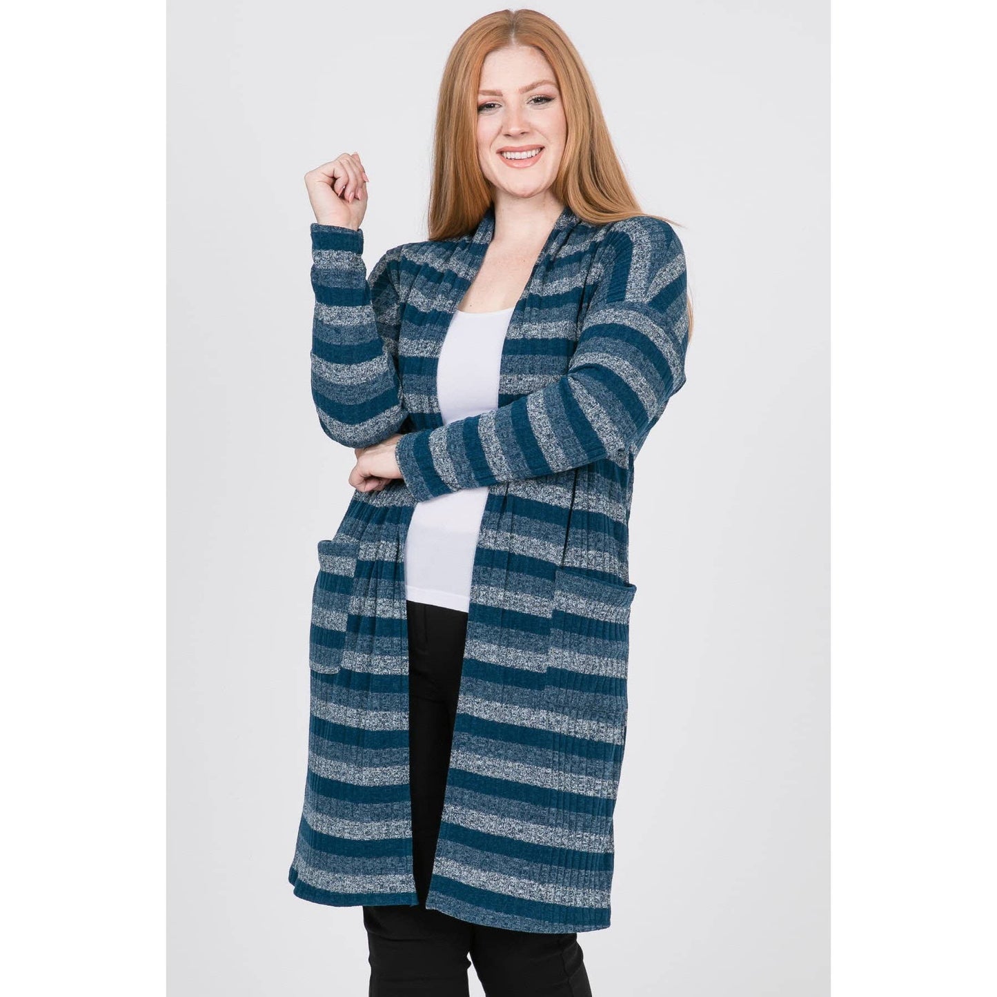 PLUS STRIPE KNIT LONG SLEEVE CARDIGAN