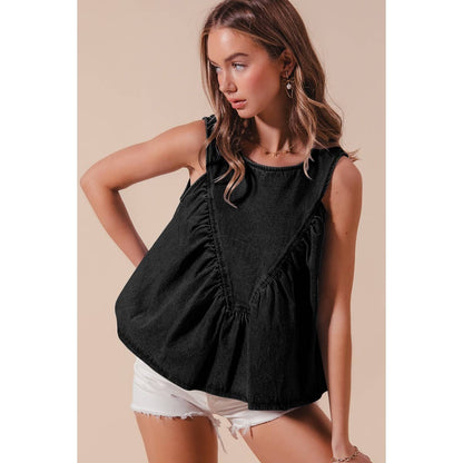 GAME DAY COLOR DENIM RUCHED SLEEVELESS TOP