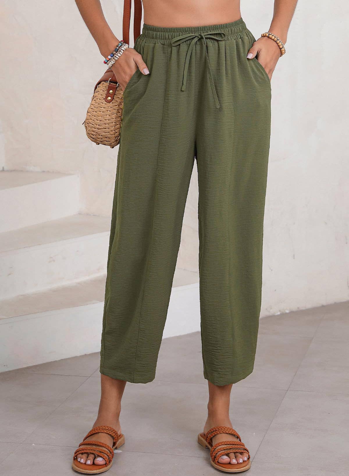 Women's Elastic Waist Drawstring Casual Cropped Harem Pants