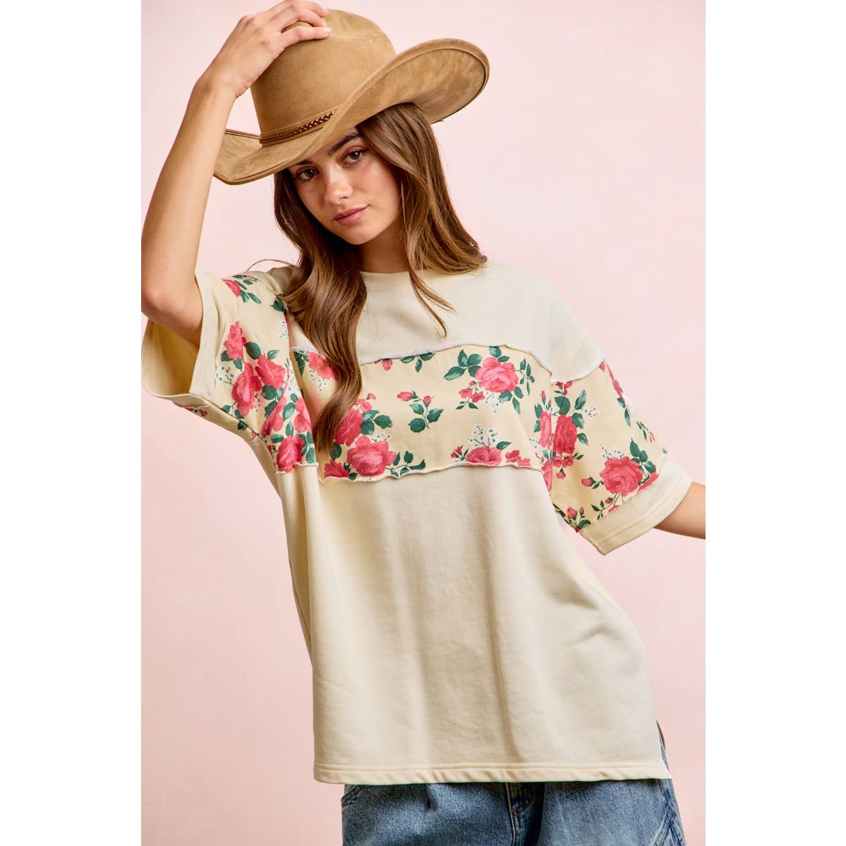FLORAL PRINT SHORT SLEEVES FRENCH TERRY TOP