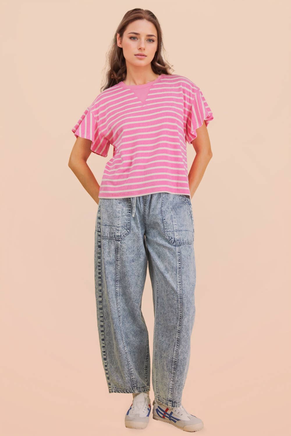 NT12476-Oversized Ruffle Sleeve Casual Stripe Knit Top